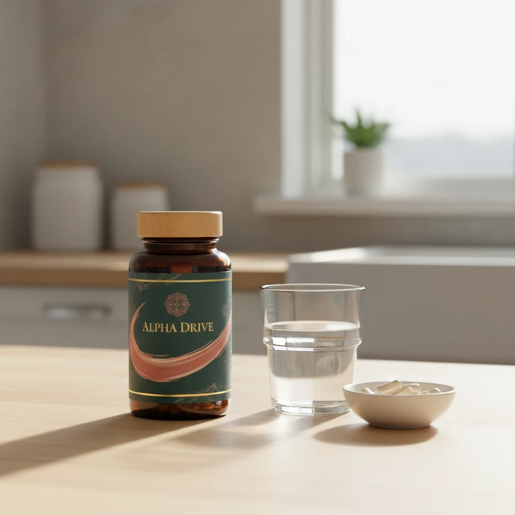 Alpha Drive kosttillskott burk med glas vatten på träbord
